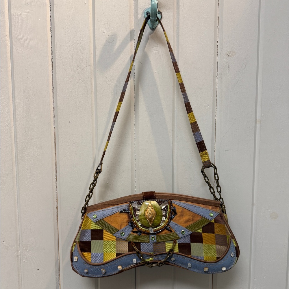Mary Frances Art Beaded Embellished Patchwork Shoulder Bag with Strap